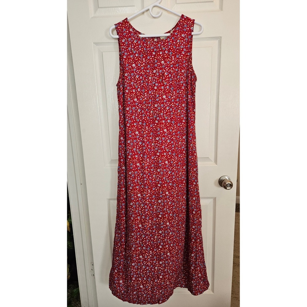 Vintage 90s Studio Ease Red Floral Ditsy Maxi Dress Sleeveless Rayon Woman 12